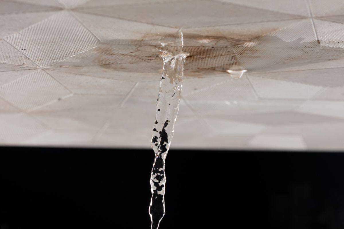 A close-up view of water droplets cascading from a ceiling, highlighting the texture and movement of the liquid.