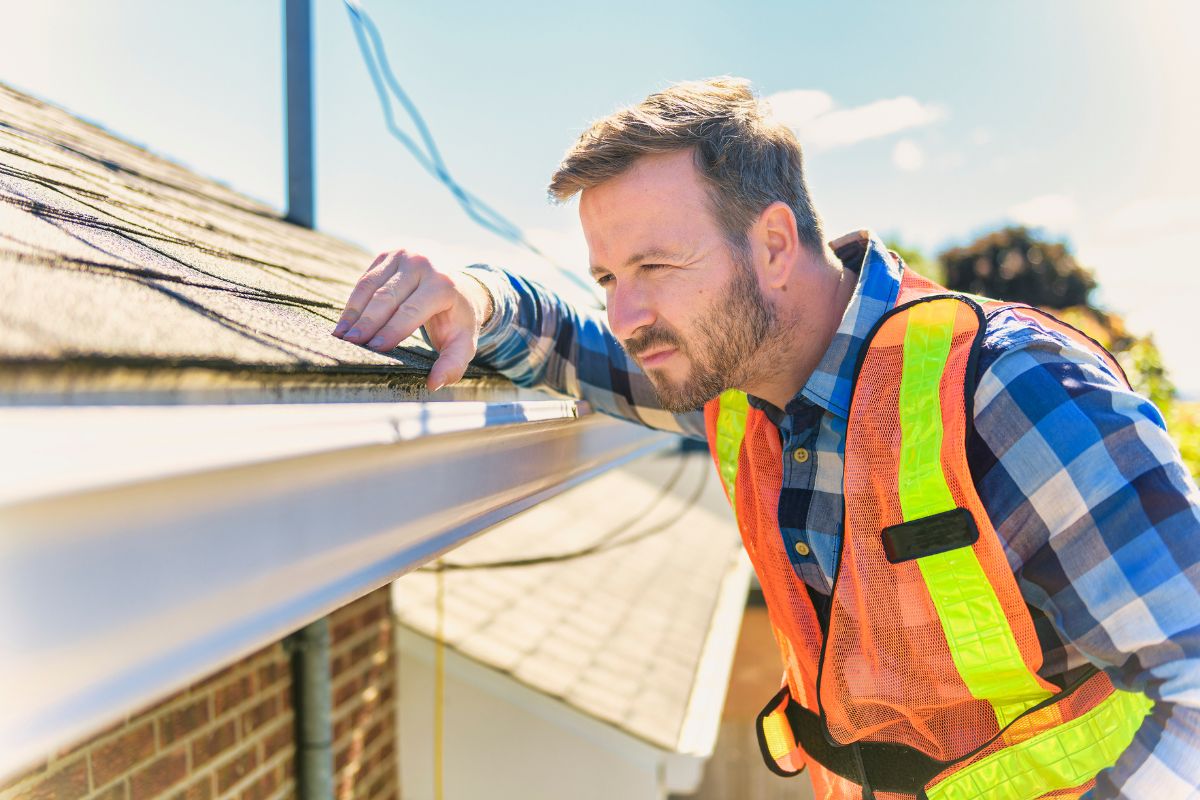 A man wearing a safety vest inspects the gutter of a house for maintenance and safety purposes.