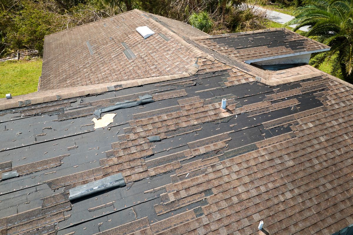  Roofing repair service in Tampa, Florida, showcasing skilled workers fixing a residential roof under clear blue skies.