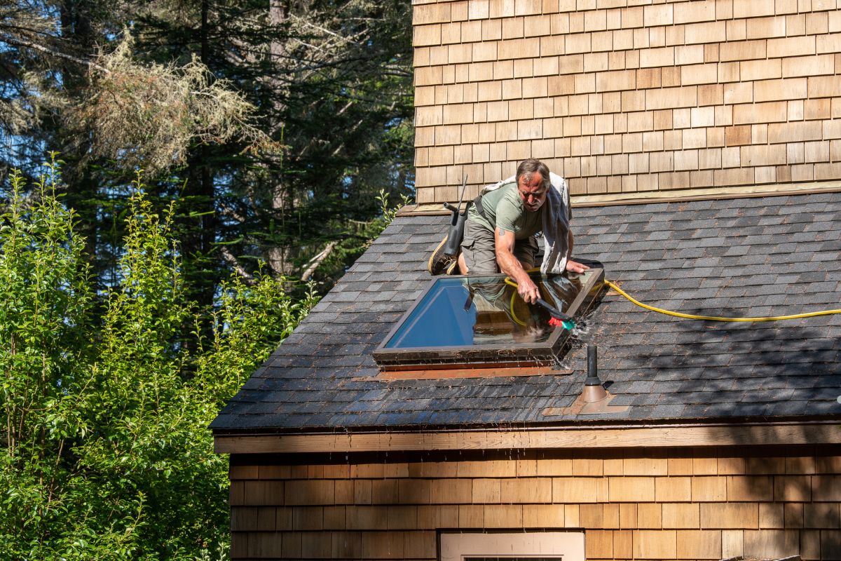 A man using a soft-bristled brush while working on a roof, focused on his task under clear blue skies. 